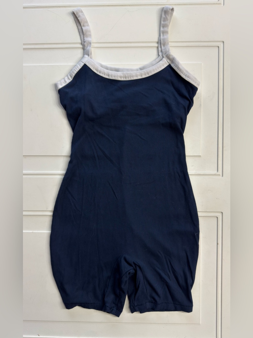 Skims Women’s Sz S Blue White Trim Ribbed Romper Bodysuit - Picture 1 of 6